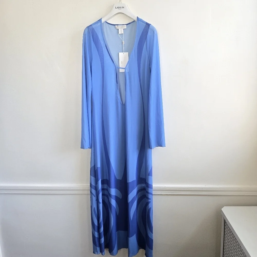 New Caroline Constas Blue Long Tunic Kaftan Beach Swim Cover-Up XS NWT
